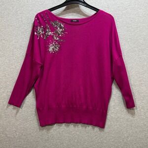 Alfani Sequin Floral Dolman Sweater Womens Large Magenta Boat Neck Knit Top